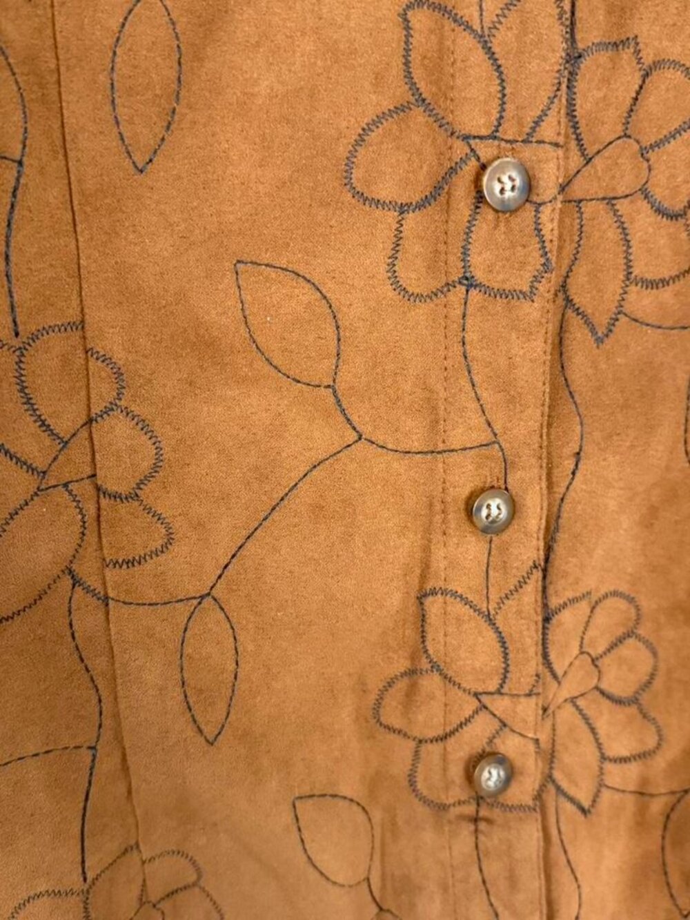 Vintage Sage Harbor Brown Faux Suede Button Up Shirt With Floral‎ Emboidery - Picture 3 of 4